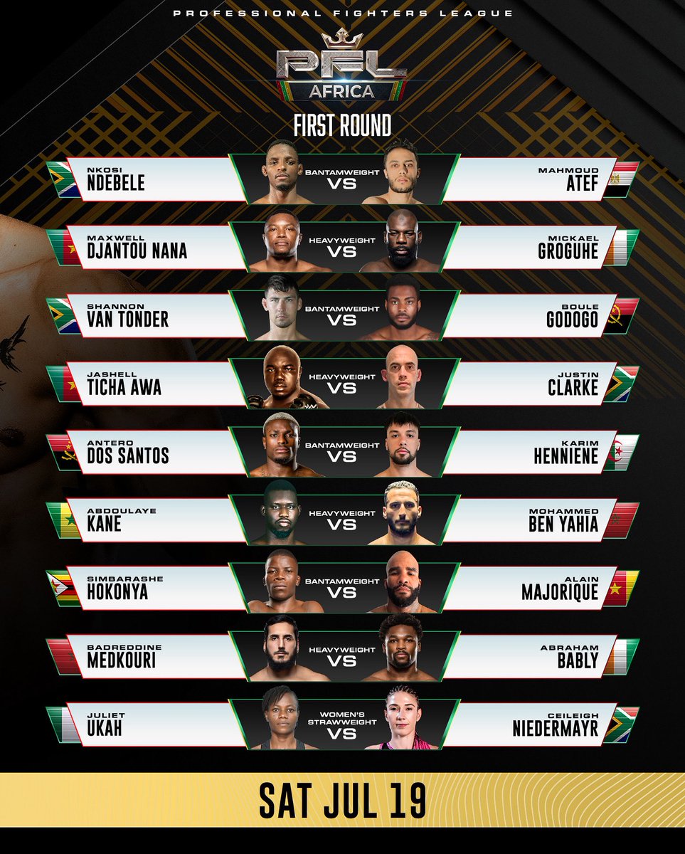 PFLAfrica's tweet photo. WE ARE COMING 😤

Your STACKED PFL Africa fight card for #PFLCapeTown is here! 

Who are you supporting? 🤔

Tickets are selling FAST. Get yours today!

#PFLCapeTown | Saturday July 19
Grand Arena, GrandWest | Cape Town, South Africa
🎟️ On Sale NOW - https://t.co/XvH36EPTTY https://t.co/KPQD38itz1