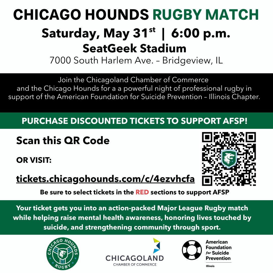 Join us May 31st for a night of professional rugby benefitting AFSP Illinois! Purchase discounted tickets in the RED sections through the QR code or visit: tickets.chicagohounds.com/c/4ezvhcfa