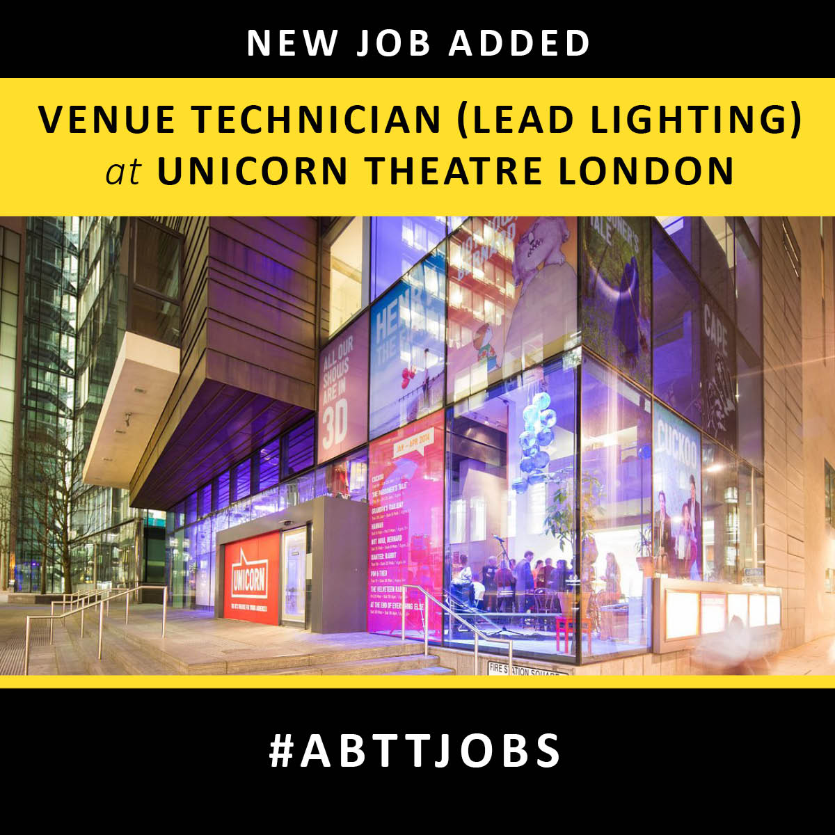 The Unicorn Theatre, London, are looking for a proactive, multi-skilled technician with the ability to work across all disciplines with a bias in lighting.

Find out more and apply here: abtt.org.uk/jobs/venue-tec…

#ABTTjobs #Theatrejobs