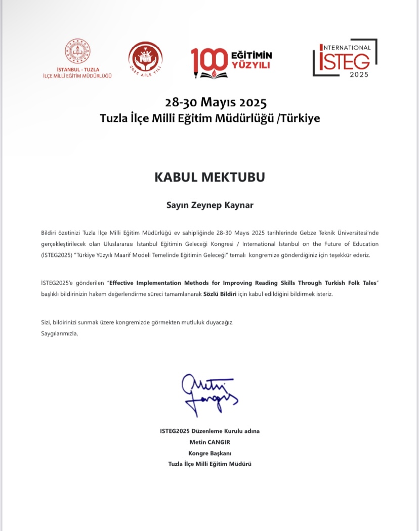 Türk Dili ve Edebiyatı öğretmenimiz Sibel SELÇUK danışmanlığında öğrencimiz Eren TAYLAN VE Zeynep KAYNAR’ın bildirisi, Gebze Teknik Üniversitesi’nde düzenlenecek Uluslararası İstanbul Eğitimin Geleceği Kongresi’ne kabul edildi tebrik ederiz