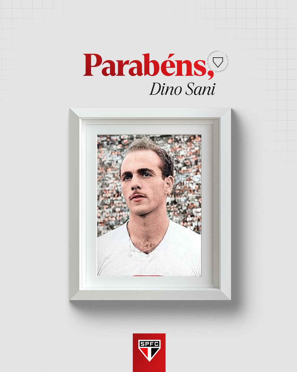 🎂 Dino Sani celebra 9️⃣3️⃣ anos!

Campeão do Paulista de 1957 pelo Tricolor e da Copa do Mundo de 1958 pela Seleção Brasileira, o volante tem seu nome gravado na história do futebol. Anotou 113 gols em 324 jogos pelo São Paulo.

Felicidades, Dino Sani!

#VamosSãoPaulo 🇾🇪