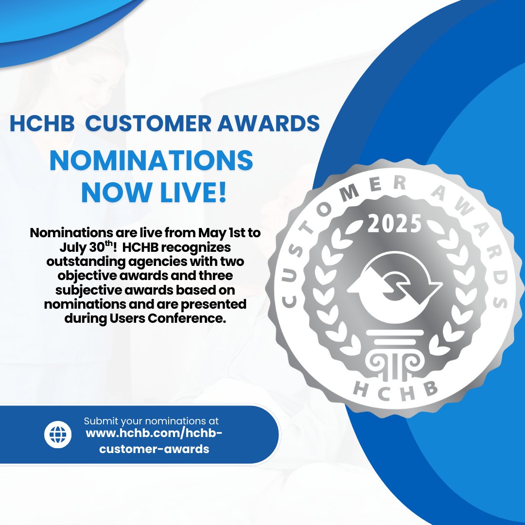 HCHB Customer Awards are now live! Nominations will run from now till July 30th! HCHB recognizes outstanding agencies with two objective awards and three subjective awards based on nominations and are presented during Users Conference. Submit here: bit.ly/3VveUAc