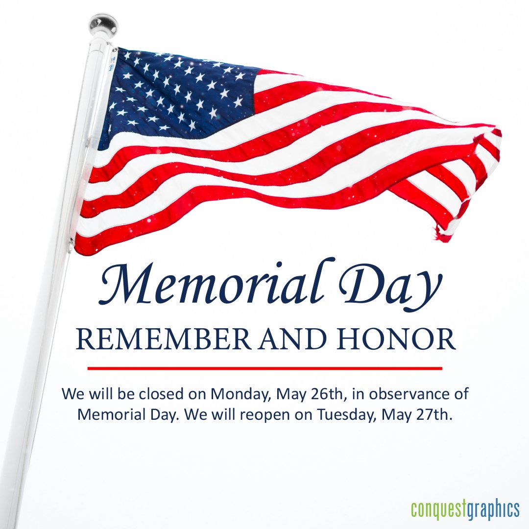 We will be closed on Monday, May 26th, in observance of Memorial Day. We will resume normal operations on Tuesday, May 27th.

We wish everyone a safe holiday as we remember and honor those who served.

#MemorialDay #HonorAndRemember