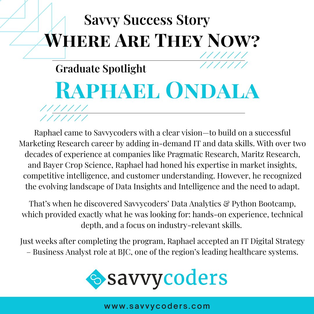 Savvy Coders (@savvycoders) on Twitter photo “I wanted to diversify my skill set & grasp the fundamental processes of Data Science and Analytics. I understood that agility & tech fluency were becoming critical in today’s data-driven landscape. 
Thank you, Raphael, for choosing #SavvyCoders & for being an incredible example! “I wanted to diversify my skill set & grasp the fundamental processes of Data Science and Analytics. I understood that agility & tech fluency were becoming critical in today’s data-driven landscape. 
Thank you, Raphael, for choosing #SavvyCoders & for being an incredible example!
