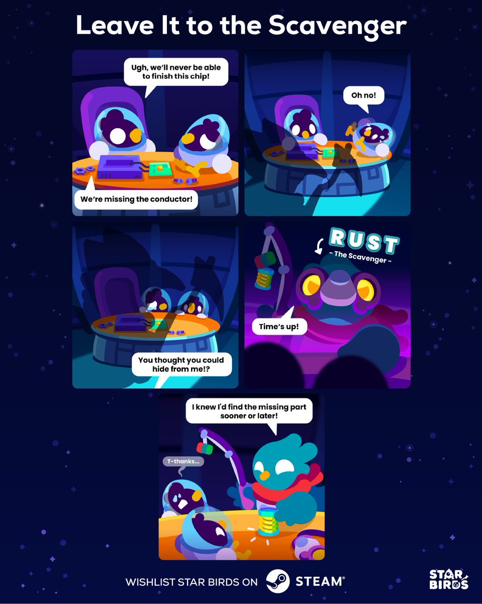 Rust, Star Birds’ scavenger, has one rule: If it’s out there, it’s worth checking out. A missing part? He’ll track it down. A strange signal? He’s already on his way. A “Do Not Enter” sign? Just a suggestion. Wishlist Star Birds to see where he ends up: kgs.link/starbirds