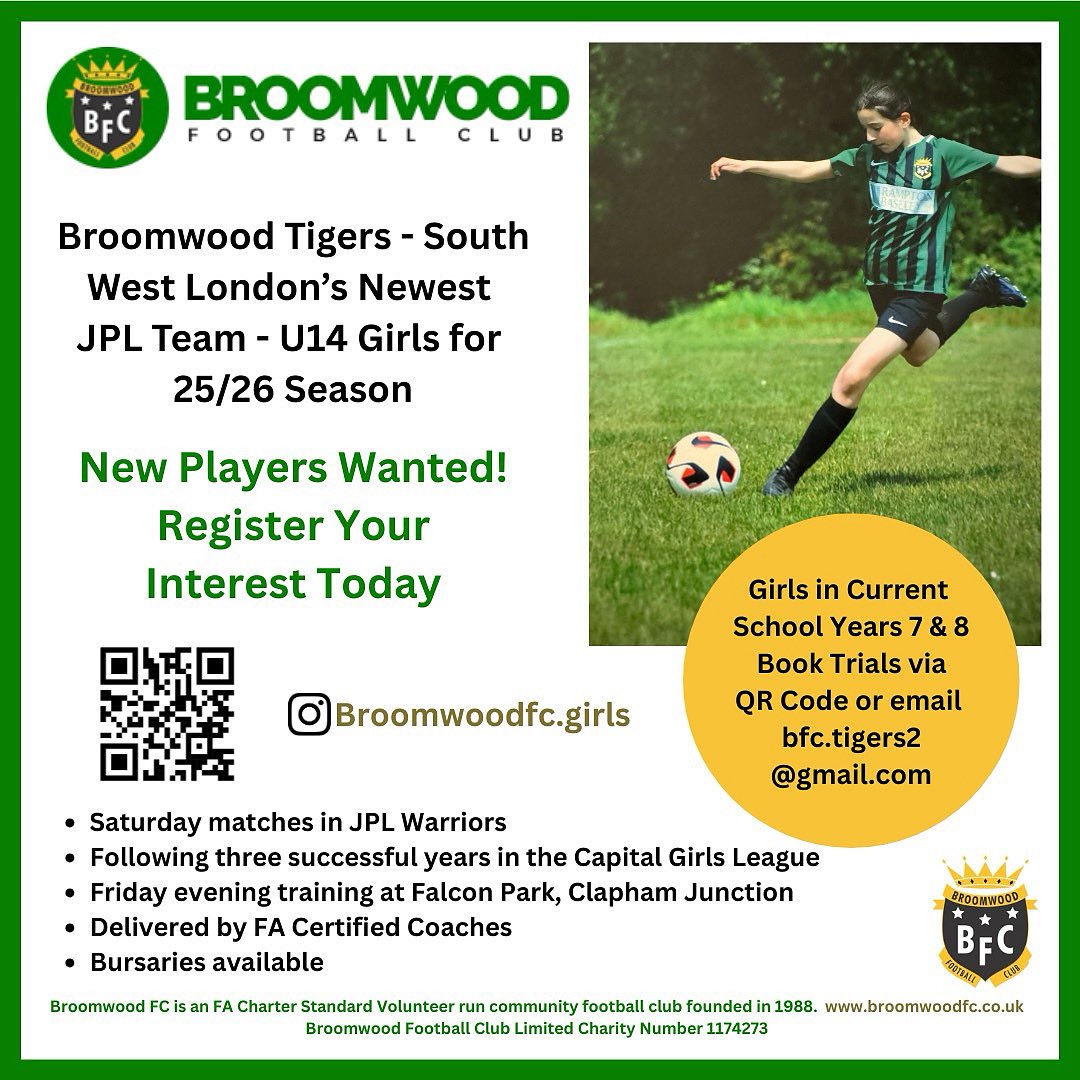 Join South West London’s newest JPL team! Trials at Falcon Park (near Clapham Junction) on Fridays.  Scan QR code or email bfc.tigers2@gmail.com
