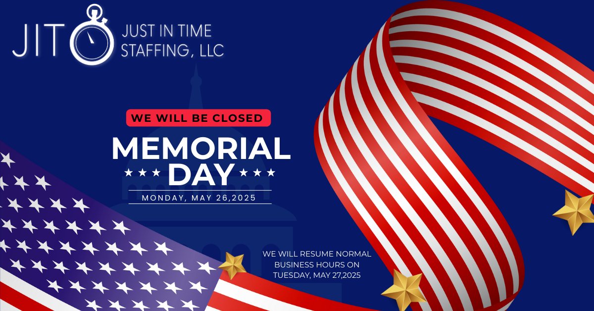 JITStaffingLLC's tweet photo. In honor of Memorial Day, we will be closed on Monday, May 26.

This day is a time to remember and pay tribute to the brave men and women who made the ultimate sacrifice for our freedom.

We wish you a safe and meaningful holiday!

#MemorialDay  #ClosedForTheHoliday https://t.co/ahCvyESTLF