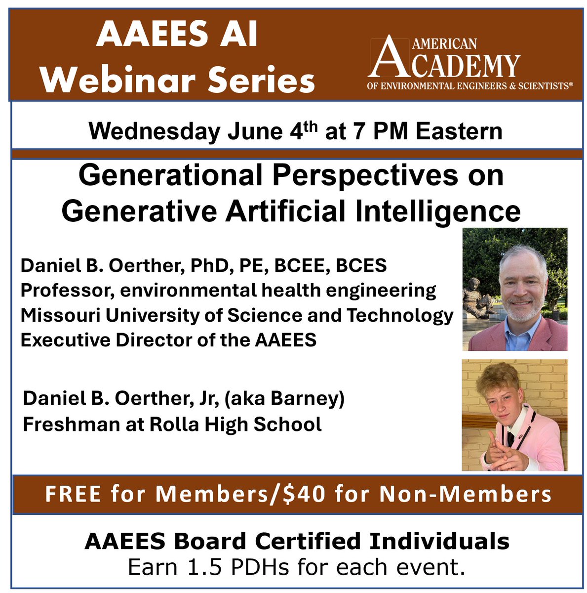Join us on the evening of June 4th at 7 pm Eastern for our first webinar in the AAEES Artificial Intelligence Webinar Series, titled, “Generational Perspectives on Generative Artificial Intelligence.” 

FREE to all AAEES Members. $40 fee for non-members. aaees.org/aiwebinarseries