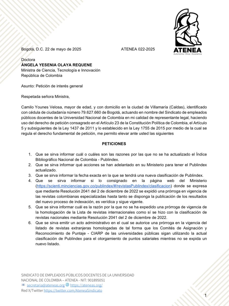 AteneaSindicato's tweet photo. Solicitud a @MincienciasCo para que actualice el indice de publicaciones que le permite a los docentes de universidades publicas el recibir incentivos por sus trabajos de investigación de excelencia. https://t.co/sN8QmkuBAE