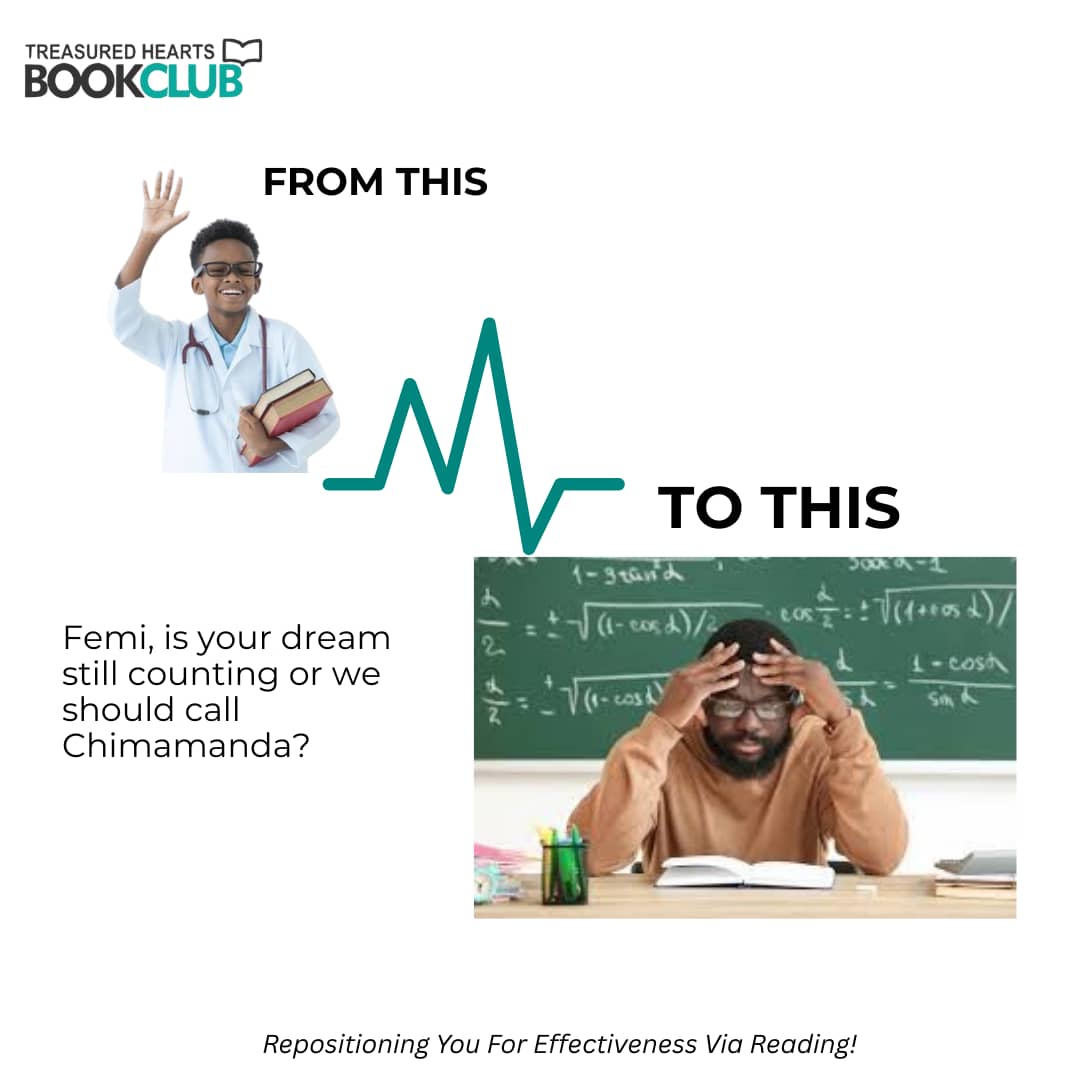 THBCSPACE's tweet photo. Femi at 5: “I’m going to be a doctor when I grow up!”

Femi at 27: Teaching Yoruba &amp; Social Studies in Ifo with a Microbiology degree.

Is the dream still counting or should we call Chimamanda?

#THBC #TreasuredHeartsBookclub #BookclubinLagos https://t.co/ZV8HTn90Yl