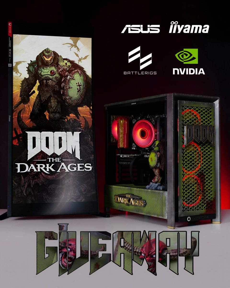 Ebuyer's tweet photo. This EPIC DOOM: The Dark Ages inspired powerhouse gaming PC AND 1 x @iiyamaCo  G-Master Red Eagle 34-inch gaming monitor could be yours.

To Enter...

✅ Like this post.
✅ Follow @Ebuyer  @battlerigs  @iiyamaCo @ASUS 
✅Tag 2 friends and describe this epic rig in 1-3 words.

👇 https://t.co/fh42UZNb7T