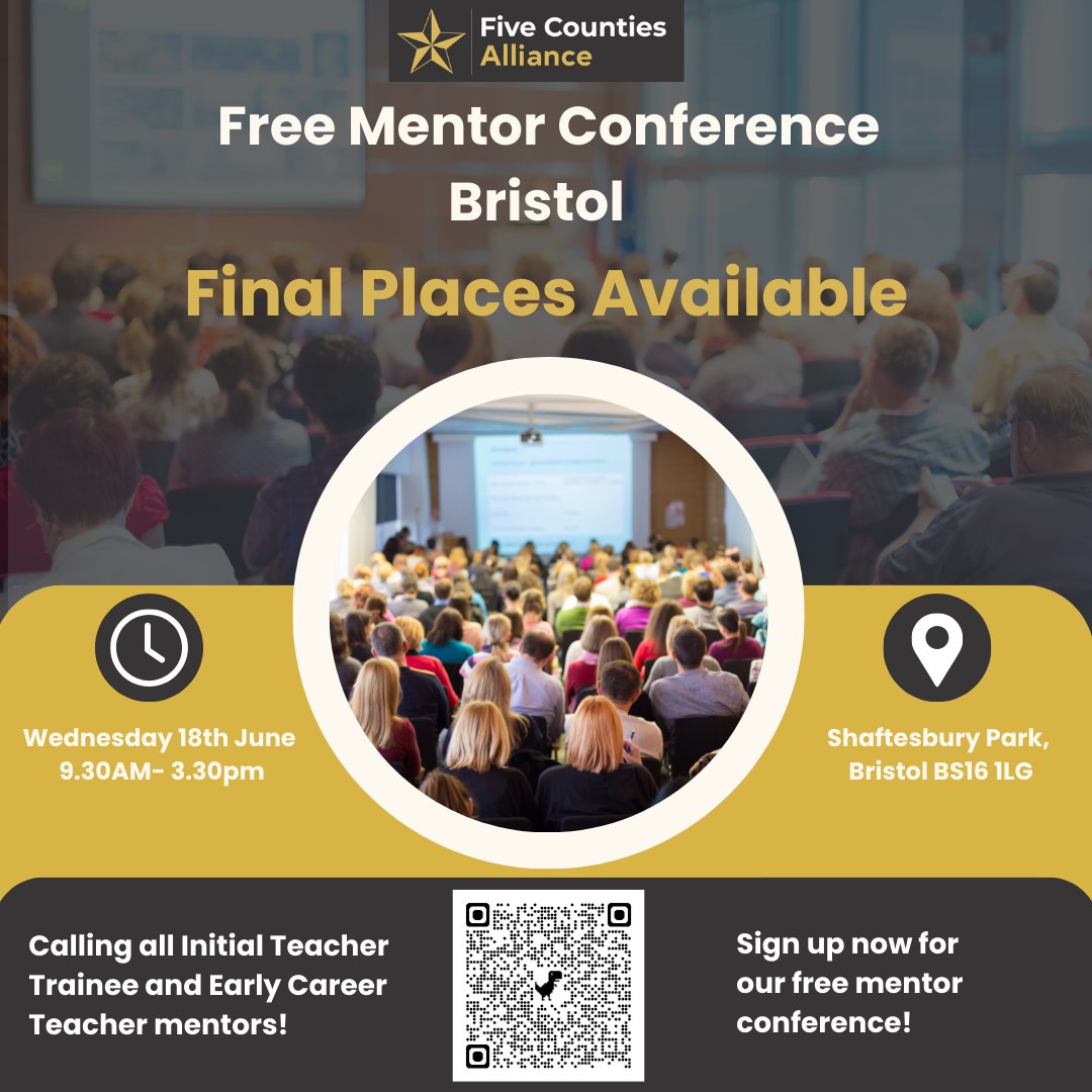 ⭐ Last chance to book! ⭐ 

⭐On the 18th June, Five Counties Alliance is hosting a free conference for all colleagues for anyone involved in mentoring teachers who are part of Initial Teacher Training or Early Career Teacher programmes at Shaftesbury Park, Bristol.⭐