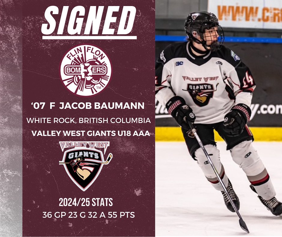 The Flin Flon Bombers are pleased to announce the signing of 2007 born forward Jacob Baumann.

The White Rock, British Columbia product suited up for the Valley West Giants U18 AAA program this past season. The 5’10, 165lbs left-winger produced 55 points in 36 games helping the
