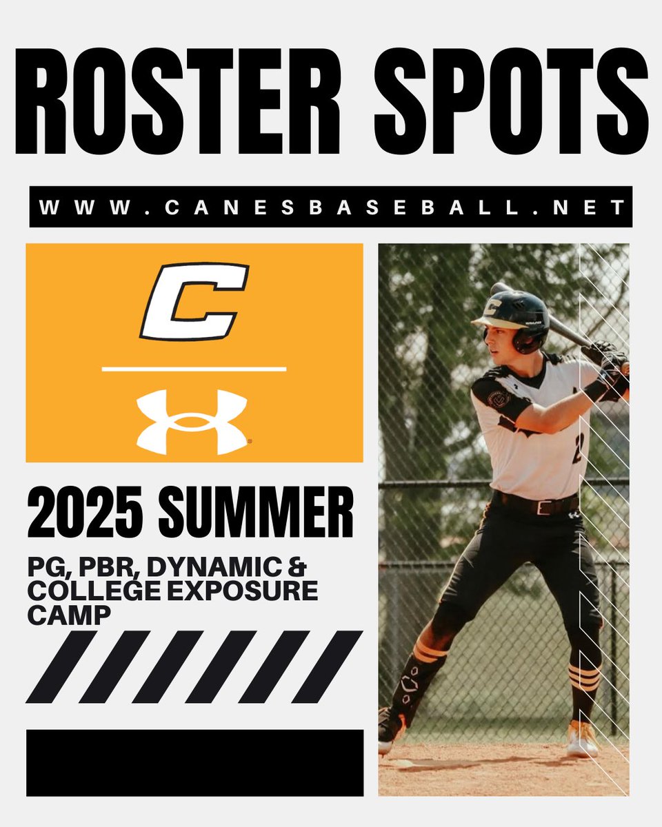 Our 2026 Scout teams have been bitten by the injury bug in the past week. We have openings on the scout level roster for this summer. 

2026: C &amp; OF (or 2️⃣ way player)
2027: Full
2028: Full
2029: Full

canesbaseball.net/prospect-form/
