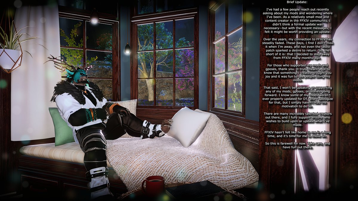 TheGroveKeeper's tweet photo. Brief Update: Full Message in Photos due to limits. 

I’ve had a few folks ask about my mods &amp; absence. Truthfully I stepped away from FFXIV months ago.  I won’t be updating my mods/gposes anymore. 

Thank you to everyone who supported my work, it meant a lot. Take care. 💞 https://t.co/5R4pFd1m8k