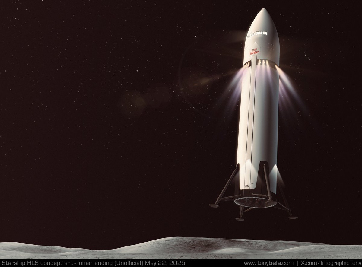 Starship HLS concept art: Lunar landing (Unofficial). This test render, based on the most recent images on the SpaceX website, is part of an overall infographic I am working on depicting each stage of the Artemis III mission. I have shared several other steps in previous posts.