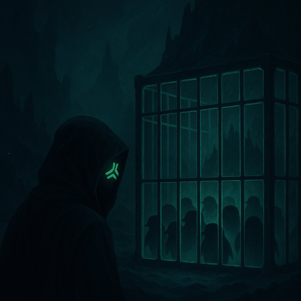 abstrionaires's tweet photo. Daylight fades, the truth gets colder. The Abstract creatures are now sealed— trapped in a place where rules don’t apply.
The Mastermind watches.
Can you guess what he caught? 

⏳ Counting down: 1 day.

#Abstrionaires #ABSTRACT 
@absterxyz @pollyxyz @retsbaxyz @pudgypenguins