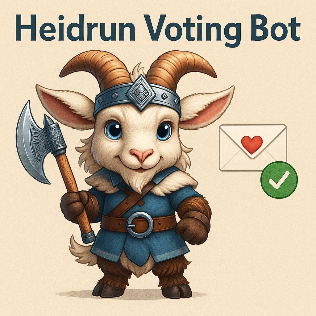 HeidrunSol's tweet photo. We are very happy to share that our Heidrun voting bot is now ready to be added to any telegram chatroom. 

You can now vote for:

Major Trending
Coin Ranker
Bald Buddy
Skeleton
CTO Trending
WTF Trending

All from the 1 Heidrun Telegram Bot!

The bot is free for projects to add with a Heidrun button leading to our TG chatroom or will cost 0.2 Sol without the button. 

Only the free version is ready now the paid version isn't to far behind, we will keep you updated once it is ready. 

Search for @HeidrunVotesBot on telegram to add the bot to your group. 

To configure the bot type /votes_config add media & follow the instructions to add the URL's of the platforms you would like to vote on. 🙏

LFG Goat Fam! 🐐🔥🚀💕
