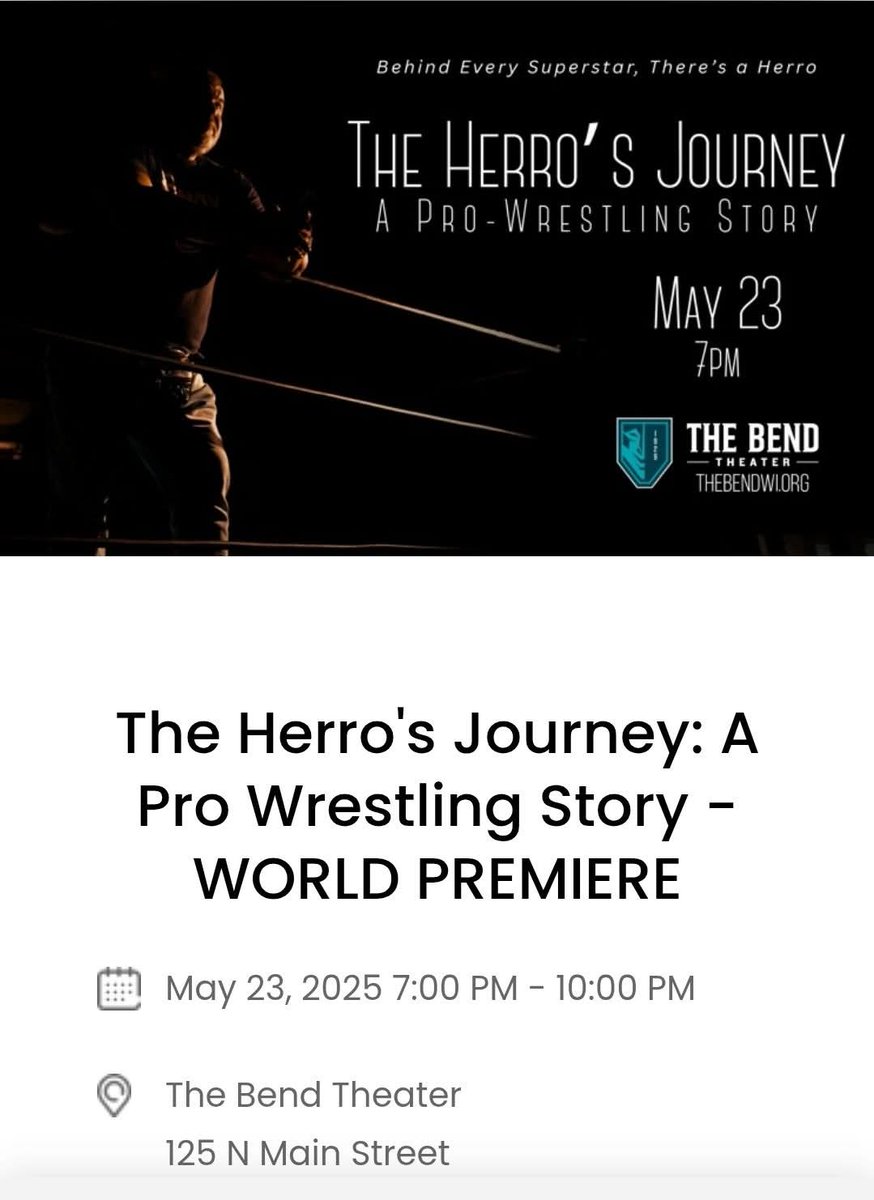 DavidHerro's tweet photo. Limited seats are available for tonight's premiere of The Herro's Journey: A Pro Wrestling Story (Film Premiere) 

$15 tickets are available online or at the door  --- The Bend Theater in West Bend 

Red Carpet starts at 530pm.  Film at 7pm

https://t.co/EqUwfFCoCD https://t.co/mO1PdjyT72