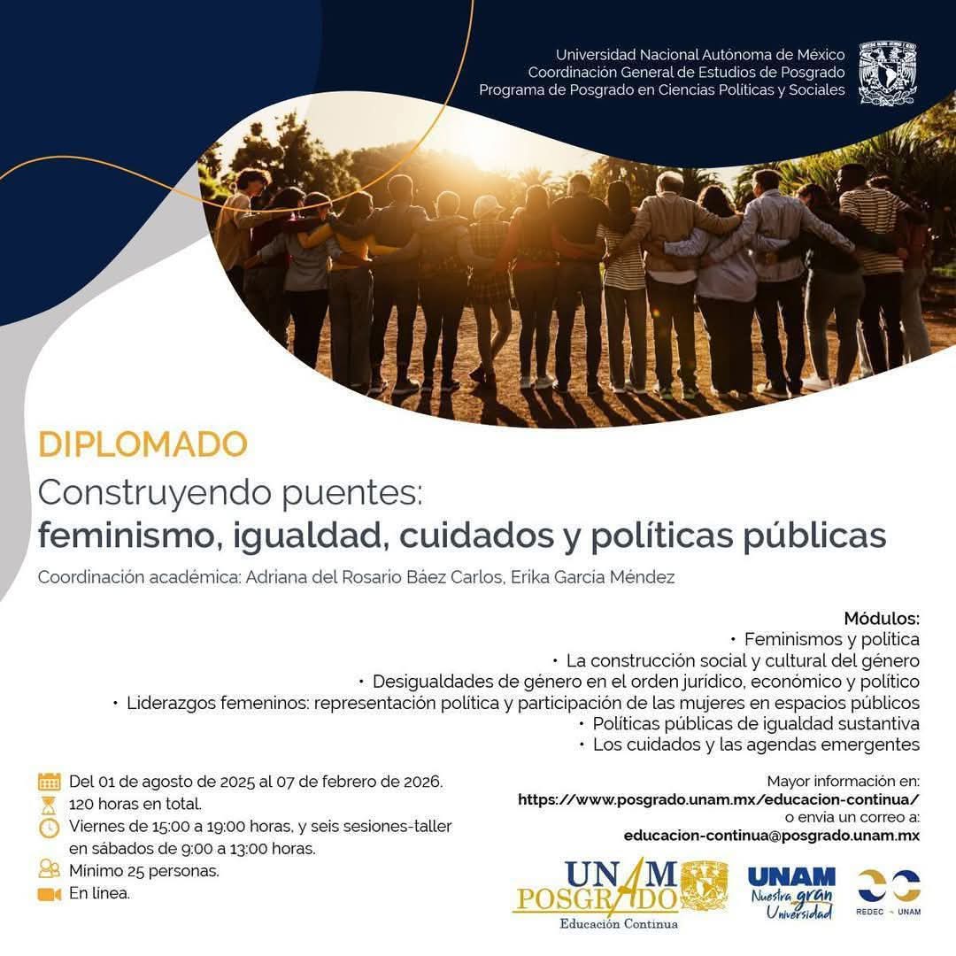 ¡Inscríbete a nuestro Diplomado “Construyendo puentes: feminismo, igualdad, cuidados y políticas públicas”!
🤝 120 horas de formación en línea para comprender y transformar la agenda de género desde lo académico y lo práctico.