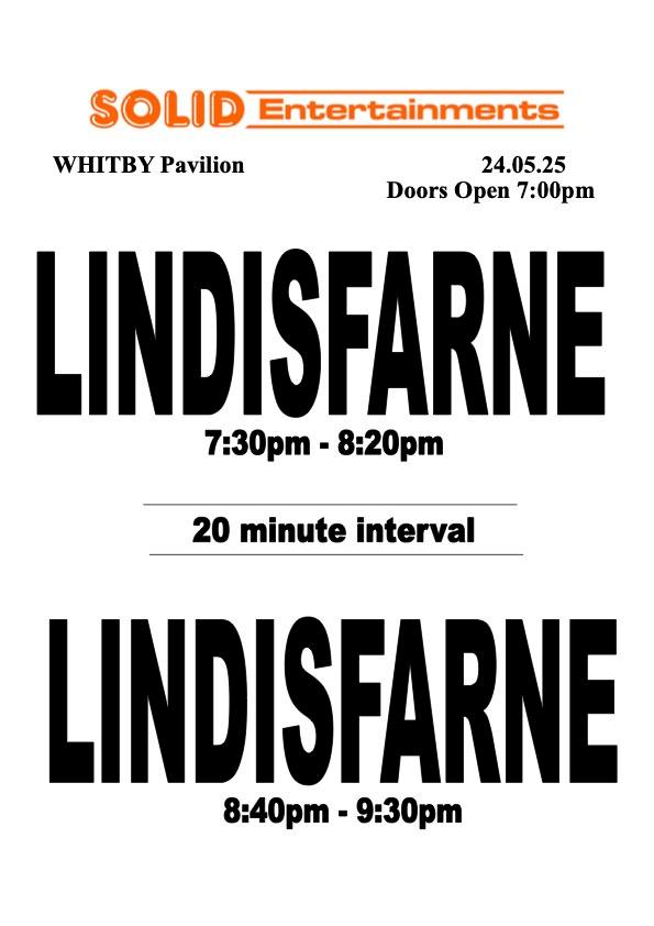 Set times for tomorrow's show at @whitbypavilion, for which a grand total of *one ticket* remains on sale! 

Sun, sea and Lindisfarne – irresistible, surely. Snap it up here: whitbypavilion.co.uk/event/lindisfa…