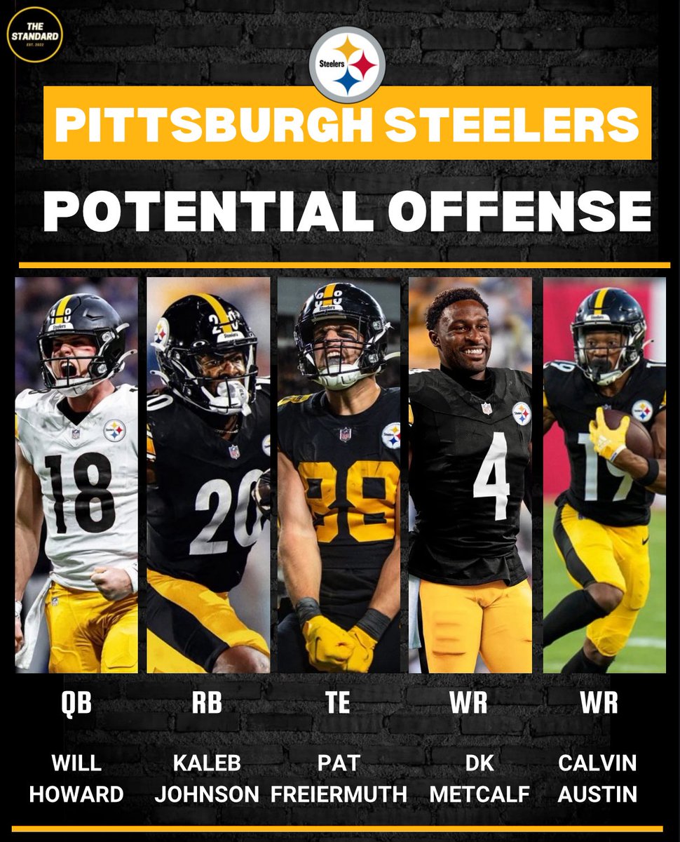 TheStandard412's tweet photo. POTENTIAL STEELERS OFFENSE 👀👀

QB: Will Howard
RB: Kaleb Johnson
TE: Pat Freiermuth
WR: DK Metcalf
WR: Calvin Austin

If this group lines up Week 1, how many wins are we thinking?🤔

#NFL #Steelers https://t.co/3Ph3nDPszt