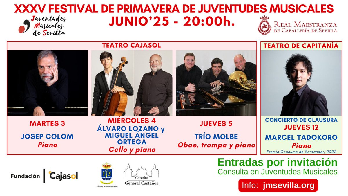 Con el patrocinio de la Real Maestranza de Caballería volvemos a una nueva edición del Festival de Primavera de <a href="/jumusevilla/">Juventudes Musicales de Sevilla</a>
Son tres citas en el Teatro de Fundación Cajasol y el concierto de Clausura en el Teatro de Capitanía.
Consigue tu invitación 😉🎶
jmsevilla.org