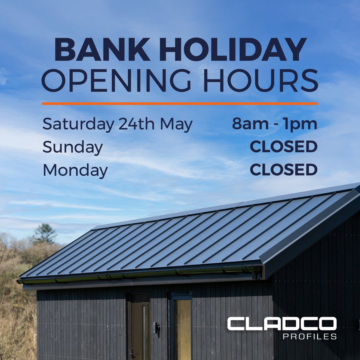 🛠️ May Bank Holiday Opening Hours:
Saturday 24th May: Open 8am – 1pm
Sunday 25th May: Closed
Monday 26th May: Closed

More info can be found here:
cladco.uk/3FnBFC0
cladco.uk/4kyXP3b