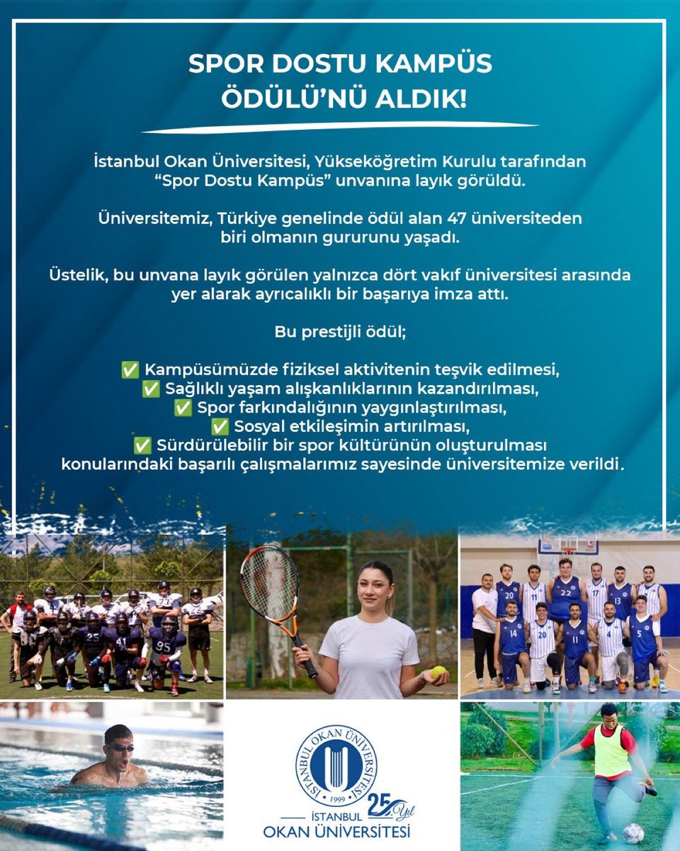 Spor Dostu Kampüs Ödülü'nü Aldık!

İstanbul Okan Üniversitesi, Yükseköğretim Kurulu tarafından “Spor Dostu Kampüs” unvanına layık görüldü.

Üniversitemiz, Türkiye genelinde ödül alan 47 üniversiteden biri olmanın gururunu yaşadı.

#SporDostuKampüs
#İstanbulOkanÜniversitesi