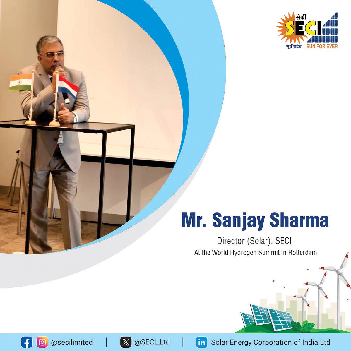 SECI_Ltd's tweet photo. SECI participated in the World Hydrogen Summit, Rotterdam.

Shri Sanjay Sharma, Director (Solar) spoke at a technical session focused on aligning India’s green hydrogen certification with the European Union’s RFNBO framework. 

#SECI #GreenHydrogen #HydrogenTrade #H2Global #MNRE https://t.co/c0bYcQAAkz