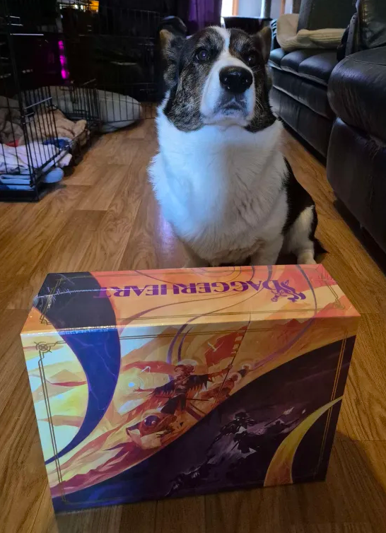 QueenChalo's tweet photo. Daggerheart finally arrived! Thalia the corgi isn't 100% sure but she is doing her best posing with moms new toy! 🐶✨ #Daggerheart #criticalrole https://t.co/tOFo3OCiRL