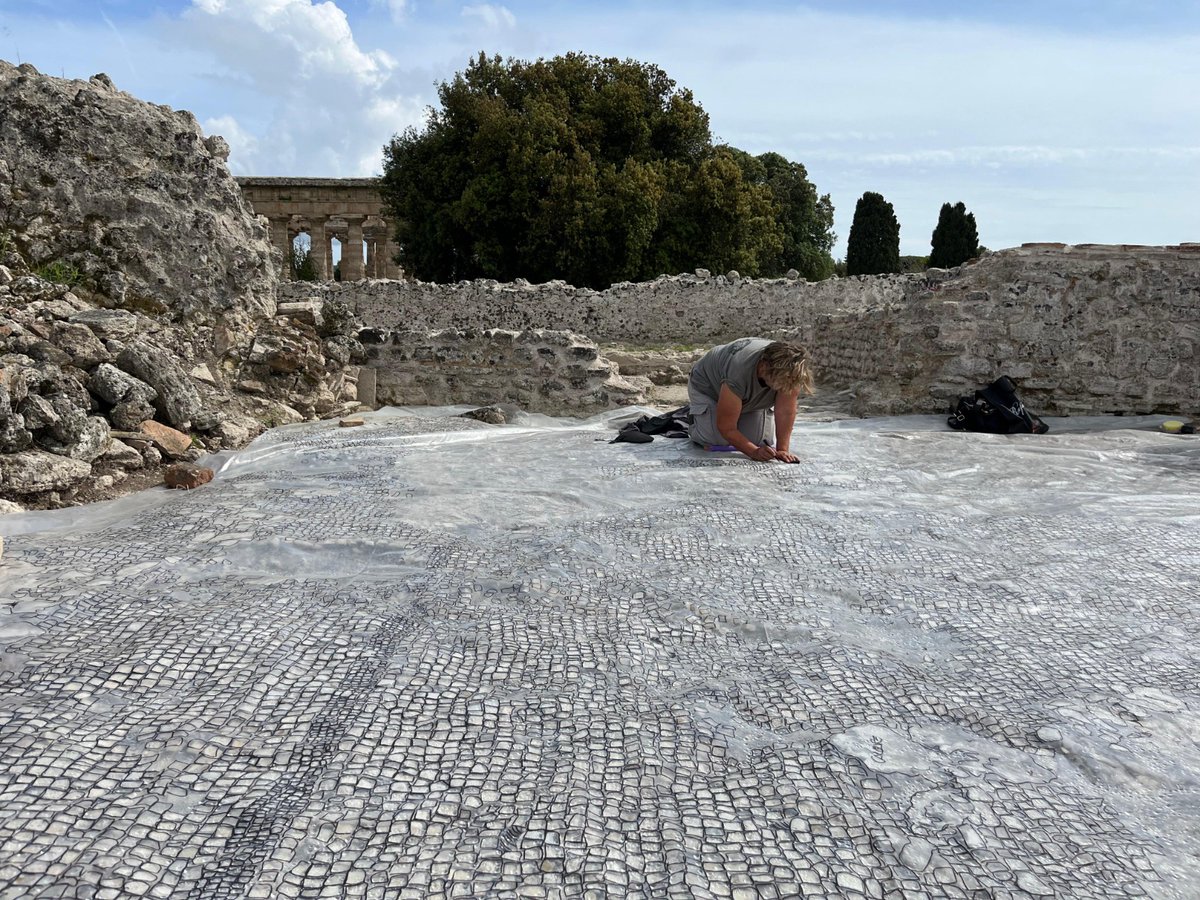 Proseguono le attività di valorizzazione delle Terme sul Foro di Paestum, tra gli edifici più affascinanti della città romana. Siamo alle fasi finali del progetto e, tra le operazioni in corso, c’è il rilievo in scala 1:1 dei mosaici pavimentali, a cura di una restauratrice.