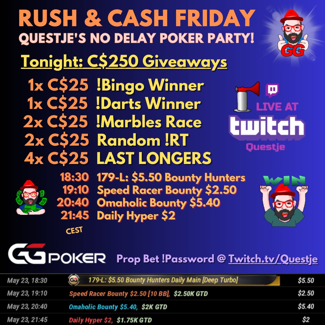 Questje_'s tweet photo. We're LIVE for Rush &amp; Cash Friday @GGPoker! 📢

RePost this Post to be in the draw for 2x C$25* 💪

In total, giving away 10x C$25!!💸 Let's have fun with Last Longers, #GGWF MTTs, PLO Cash Drop Pot Hunting, Song Requests, No Delay &amp; Homegames ;)

* Two winners drawn ~00 CEST! https://t.co/lmVEtpOaB7