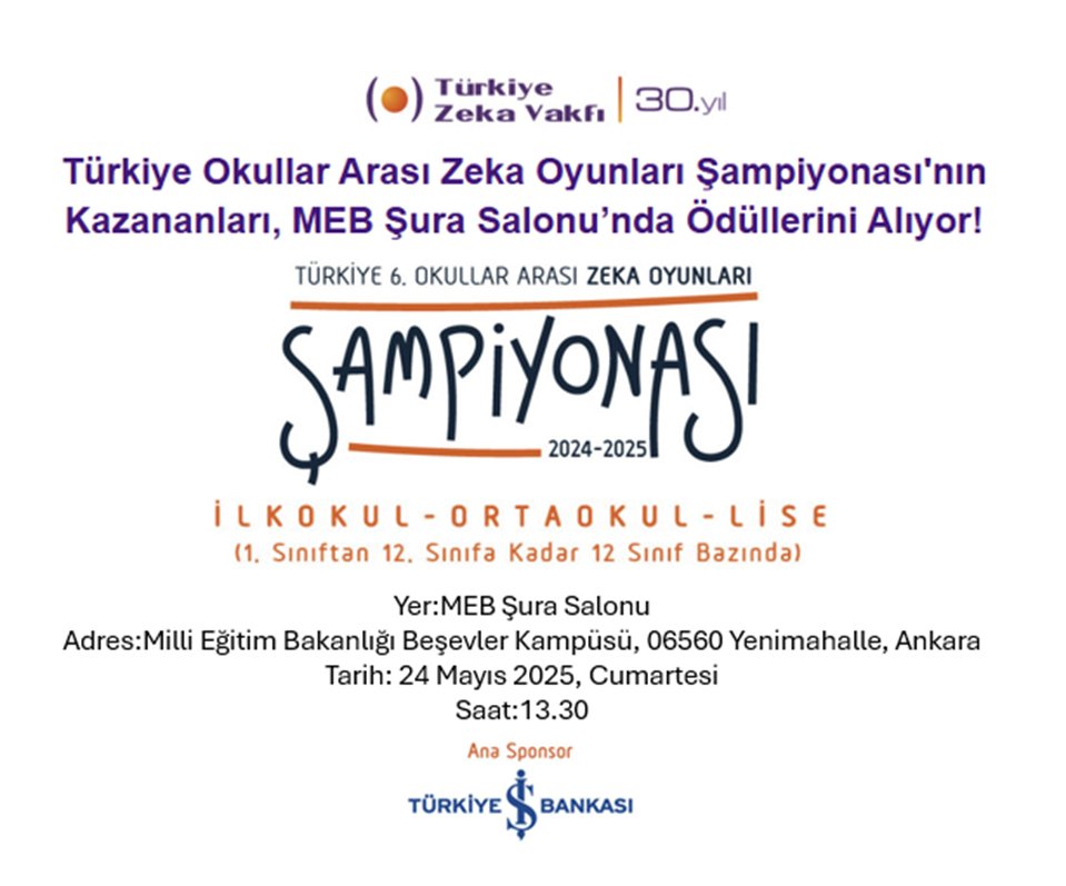 Türkiye Zeka Vakfı olarak Millî Eğitim Bakanlığı ve TÜBİTAK’ın destekleriyle düzenlemeye başladığımız Türkiye Okullar Arası Zeka Oyunları Şampiyonası, bu yıl altıncı kez rekor düzeyde bir katılımla gerçekleşti.

Dört aşamadan oluşan sınav süreci büyük bir çekişmeye sahne oldu. İl