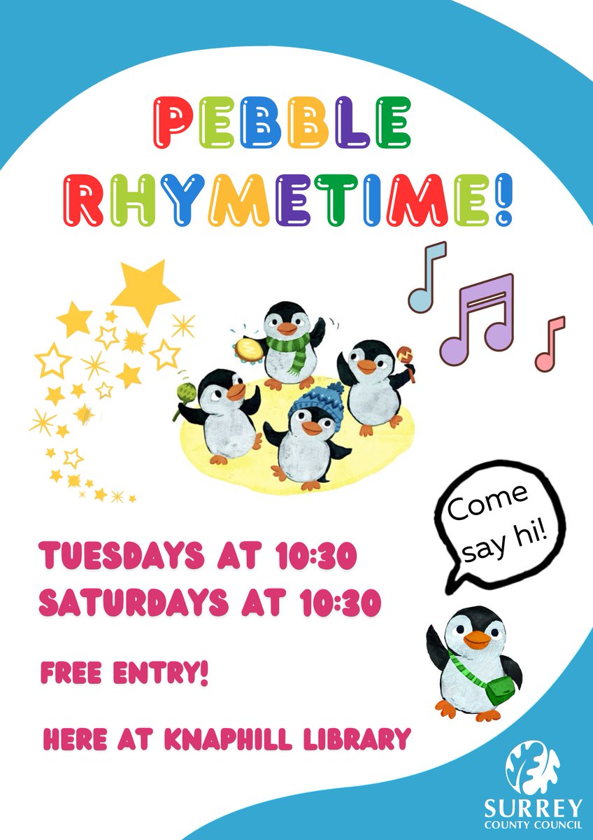 Knaphill Library (@knaphilllib) on Twitter photo Come join us at Knaphill Library every Tuesday and Saturday at 10:30am for Pebble's Rhymetimes! π§
Filled with fun, movement and even some rhymes! πΆ
Its aimed at 0-6 year olds, though everyone is welcome, and the best part is, its FREE!
We'll see you soon!β€οΈ
<a href="/SurreyLibraries/">Surrey Libraries UK</a> Come join us at Knaphill Library every Tuesday and Saturday at 10:30am for Pebble's Rhymetimes! π§
Filled with fun, movement and even some rhymes! πΆ
Its aimed at 0-6 year olds, though everyone is welcome, and the best part is, its FREE!
We'll see you soon!β€οΈ
<a href="/SurreyLibraries/">Surrey Libraries UK</a>