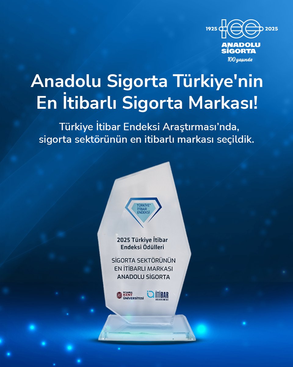 İtibarın adı: Anadolu Sigorta.

Bağımsız olarak yürütülen Türkiye İtibar Endeksi Araştırması’nda, sigorta sektörünün en itibarlı markası seçildik. 🏆

100 yıllık güven yolculuğumuzda bize eşlik eden herkese gönülden teşekkür ederiz. 💙

#AnadoluSigorta