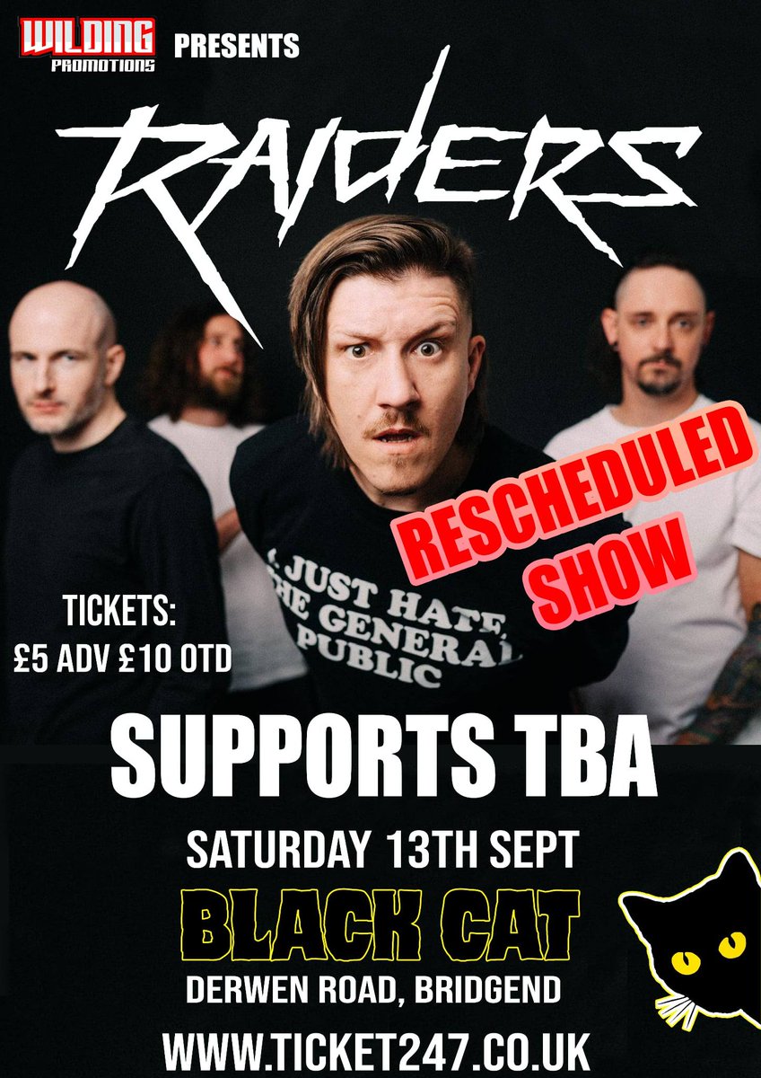*NEW DATE* From #WildingPromotions Re-scheduled show details ⚠️

So <a href="/raidersbanduk/">Raiders</a> appearance at #Blackcatbridgend will now happen on Saturday 13th Sept!!!

Info &amp; tickets ▪︎ facebook.com/share/p/1L73Mj…
