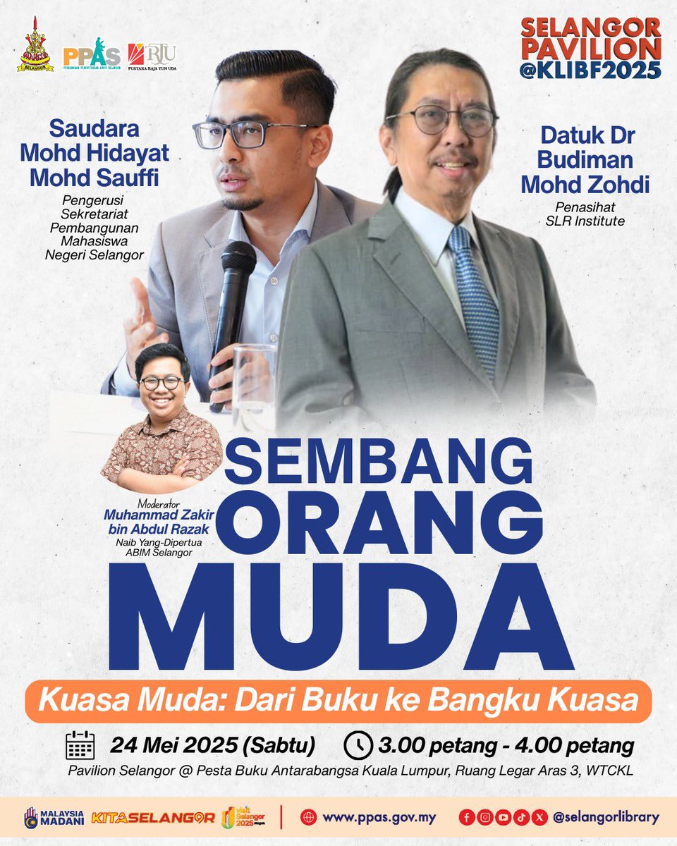 Sertai sesi Sembang Orang Muda dengan topik menarik: “Kuasa Muda: Dari Buku ke Bangku Kuasa”

🗓 24 Mei 2025 (Sabtu)
🕒 3.00 petang - 4.00 petang
📍 Pavilion Selangor @ Pesta Buku Antarabangsa Kuala Lumpur (Ruang Legar Aras 3, WTCKL)

Panel:
🎙 Mohd Hidayat Mohd Sauffi (Pengerusi