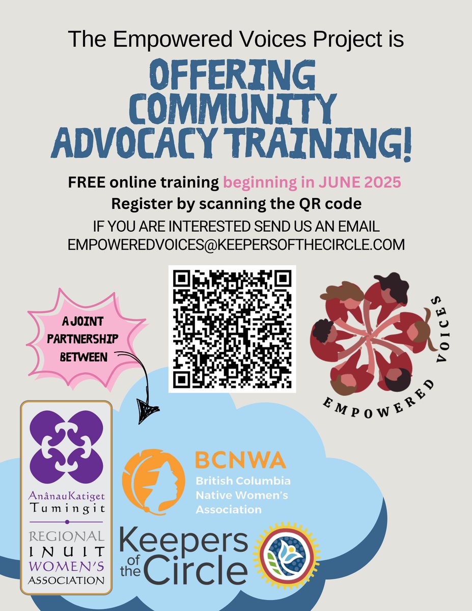 Free Community Advocacy Training starts June 2025!
Register via QR or email EmpoweredVoices@keepersofthecircle.com
or use this link: loom.ly/Qf6MkgM

#EmpoweredVoices #FreeTraining #IndigenousLeadership