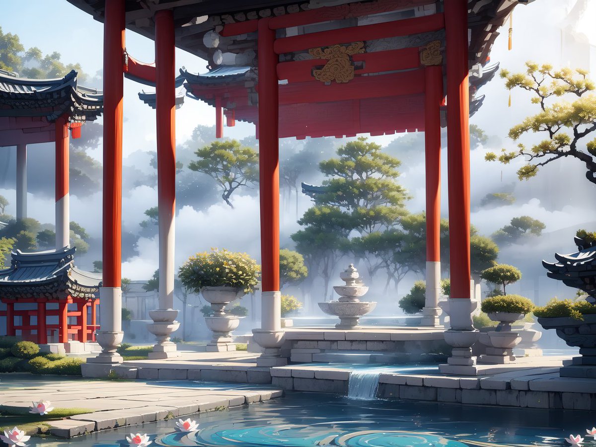 EAAII_V's tweet photo. #AIArt, #anime_style, #DigitalArt, #JapaneseGarden, #Civilization, #ToriiGate, #RedPillars, #Pagoda, #ZenGarden, #MistyLandscape, #WaterFountain, #LotusFlowers, #StonePath, #AncientArchitecture, #Tranquil, #Serene, #DigitalPainting, #FantasyArt, #Oriental, #Mystical, #ReflectivePond, #BonsaiTrees, #Peaceful, #Paradise