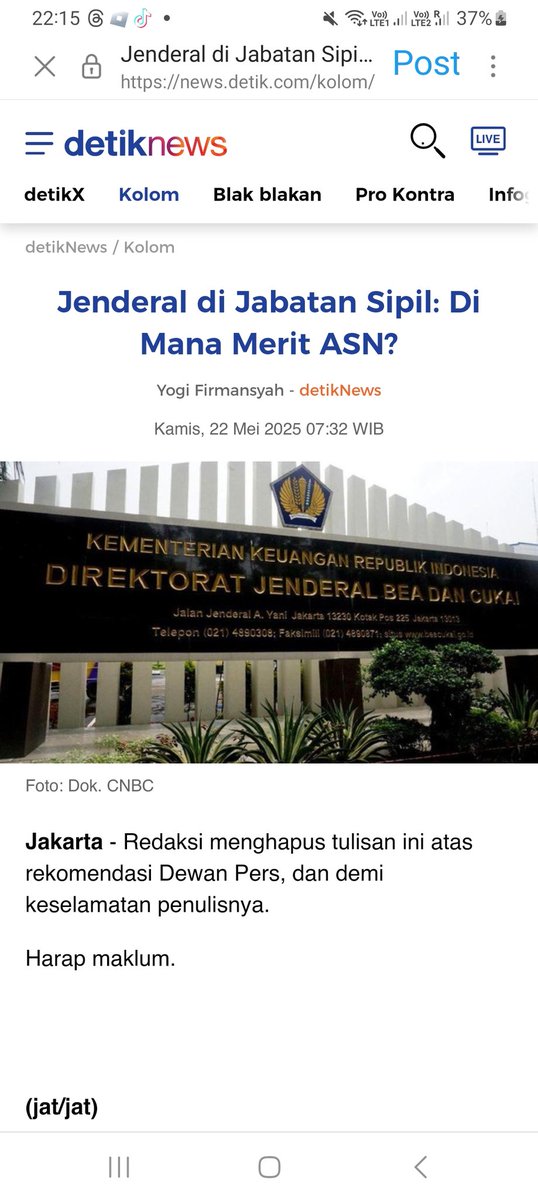 Dear <a href="/detikcom/">detikcom</a> <a href="/dewanpers/">Dewan Pers</a> mohon penjelasan atas hal ini. Kenapa sebuah tulisan harus dihapus demi keselamatan penulis? Kenapa Dewan Pers merekomendasikan demikian?

news.detik.com/kolom/d-792606…