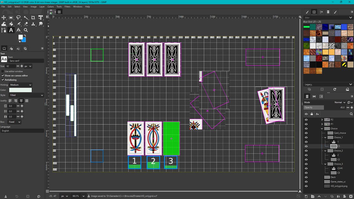 ZioYuri78's tweet photo. #gamedev #indiedev #C #WindowsGDI #Gimp To layout the game UI i take a screenshot with debug elements enabled (like the grid and the slots) and then i use @GIMP_Official to make layers of the game elements, i move them around and i add new stuff before i go to write new code. https://t.co/nzw9CA0Ewe