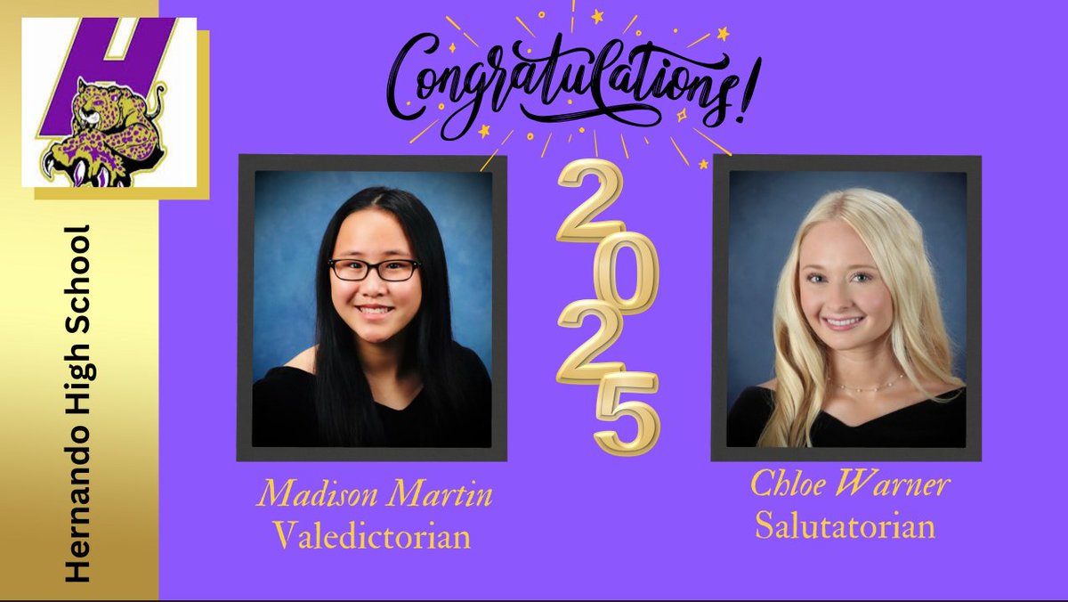 Leopard_Admin's tweet image. 🎓 Huge congrats to our Valedictorian Madison Martin (4.7 weighted / 4.0 unweighted GPA) and Salutatorian Chloe Warner (4.6 / 3.9)!
Both are heading to the University of Florida this fall! 🐊💙Your dedication inspires us all.
#LeopardPride #UFBound #Classof2025 @HernandoSchools