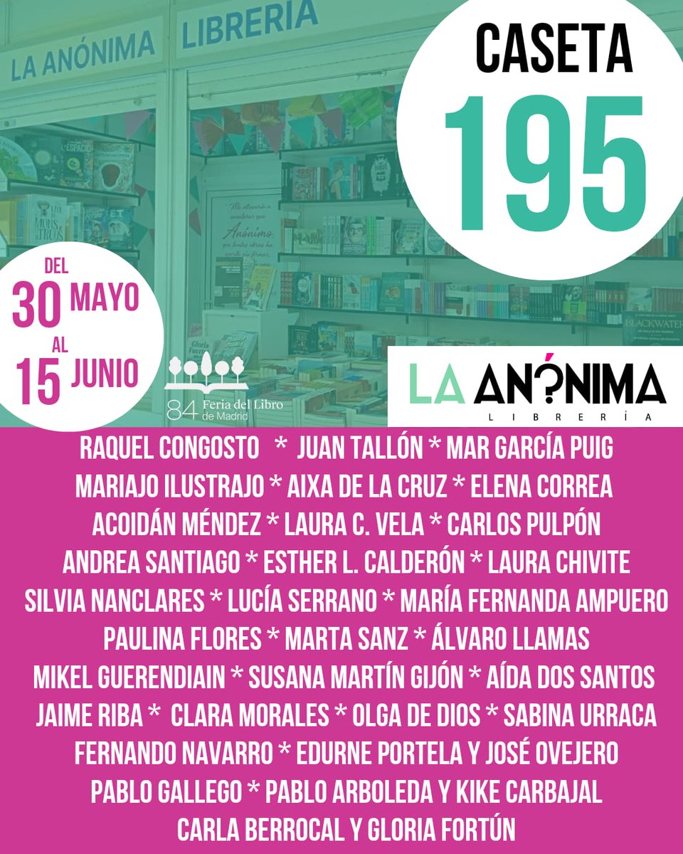 laanonimalib's tweet photo. 🔜 ¡En tan solo una semana nos vemos en la @FLMadrid! Os esperamos a todas en la caseta 195 acompañadas por todas estas autoras maravillosas que vendrán a firmar con nosotras 💜

Y recuerda que también podrás encontrarnos en nuestra librería 📚

💥 Nos morimos de ganas 💥 https://t.co/NWN9sZkOGW