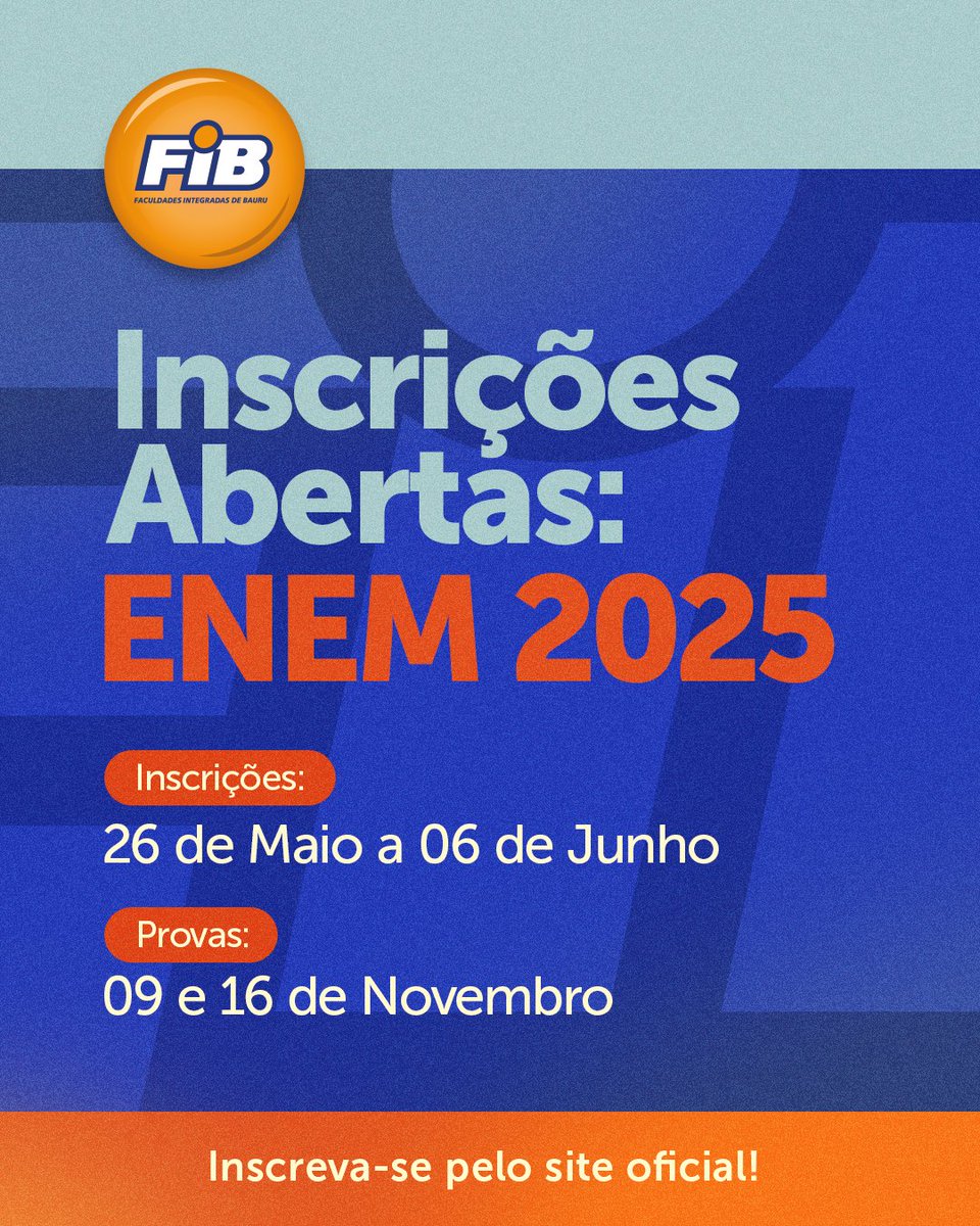 faculdadefib's tweet photo. Estão abertas as inscrições para o ENEM 2025! Acesse o site oficial do INEP e inscreva-se entre os dias 26 de maio e 6 de junho. Essa é a sua oportunidade de iniciar sua jornada acadêmica e usar a nota do ENEM para ingressar na FIB.😉 https://t.co/W5u29RRAdp