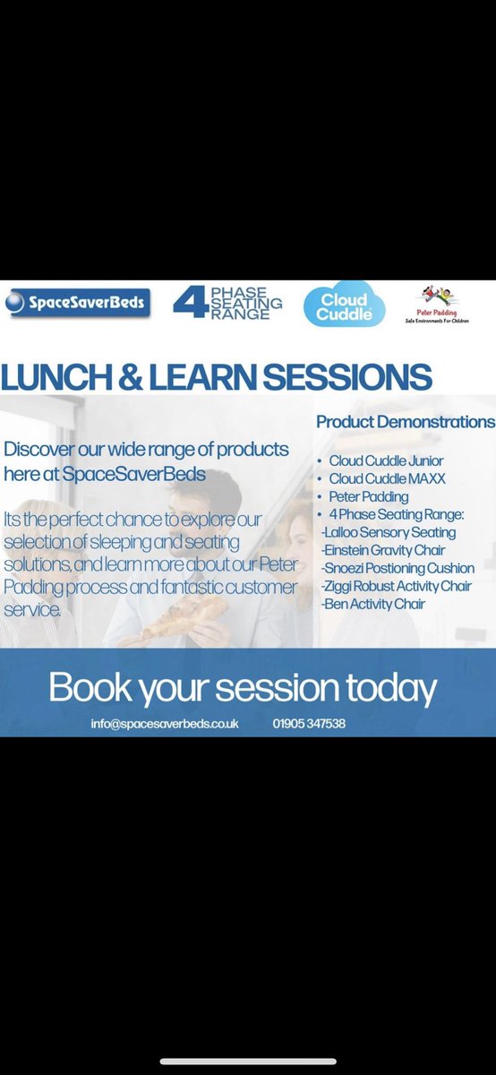 SpaceSaverBeds's tweet photo. Great to visit the Wirral Children’s OT team yesterday and chat about our product range! 

Our Product Range: https://t.co/DbQOdk10sw 

#CloudCuddle #AutismAwareness #Posture #Sensory #SpecialistSeating #Paediatrics #LunchAndLearn #PeterPadding https://t.co/BMhCCnjf8a