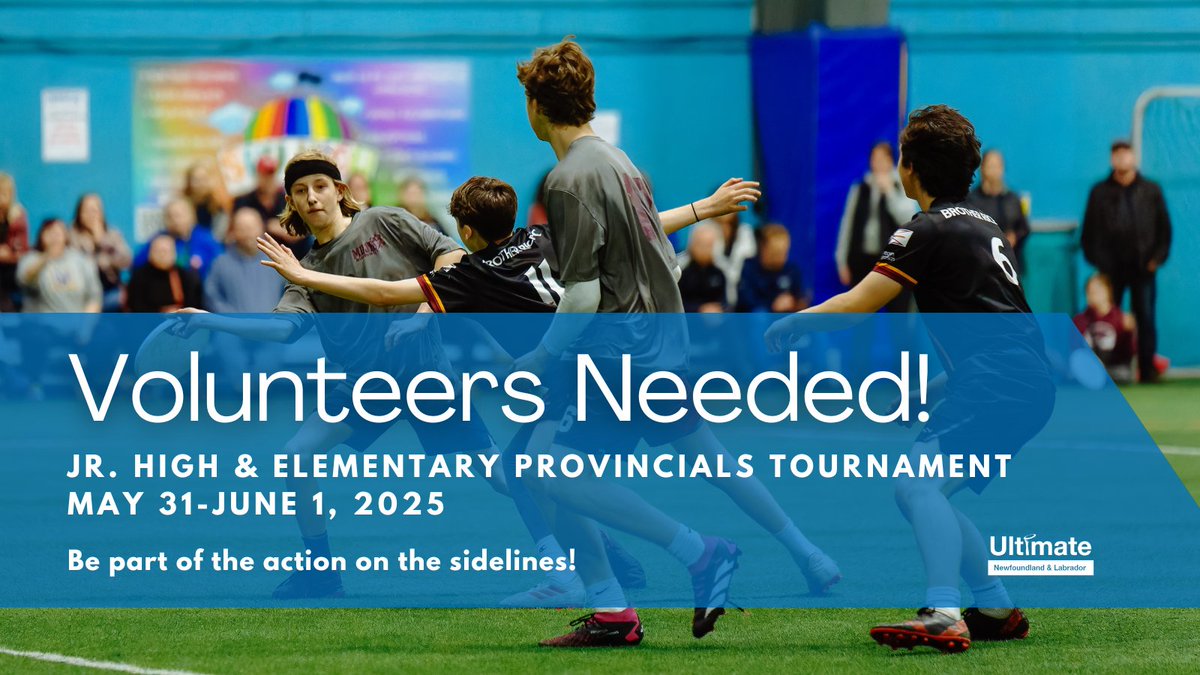 Volunteers needed! 2025 Jr. High &amp; Elementary School Provincials Tournament from May 31-June 1, 2025 <a href="/TechniplexNL/">Techniplex</a>. Sign up to be part of the action on the sidelines as a volunteer!

Check out the details here: ultimatenl.ca/2025-jr-high-a…