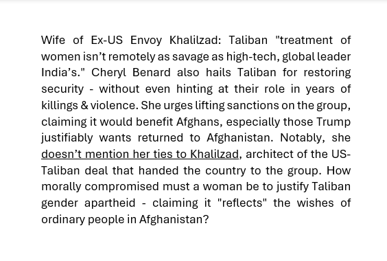 majnust's tweet photo. Finally had a chance to read the appalling article by Khalilzad’s wife, Cheryl Benard - a stunning exercise in whitewashing Taliban tyranny and excusing gender apartheid😢😢 https://t.co/XgZNRLqKtK