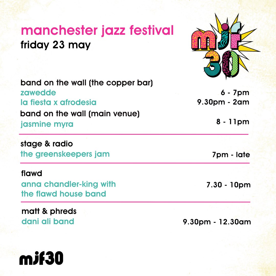 Back to jazz up your weekend 💥🕺🪩💃🏻 

Jasmine Myra bringing “a new generation of spiritual jazz” (Jazzwise) over <a href="/bandonthewall/">Band on the Wall</a> ✨

A budding artist? Why not head to the The GreensKeepers jam over <a href="/stageandradio/">Stage & Radio MCR</a> 🥁  

And of course you’ll see the team after at <a href="/MattandPhreds/">Matt and Phreds</a>