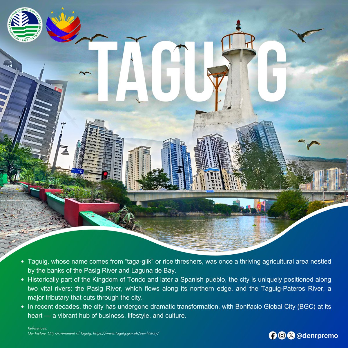 denrprcmo's tweet photo. #𝐓𝐚𝐛𝐢𝐧𝐠��𝐥𝐨𝐠: 𝐓𝐚𝐠𝐮𝐢𝐠 𝐂𝐢𝐭𝐲 🏙️

Our next stop along the #PasigRiverfrontCities is Taguig 👇

DYK: #Taguig is bounded by not just one, but two vital rivers — Pasig River along its northern edge, and Taguig-Pateros River, a major tributary flowing through the city https://t.co/jPVY4jtRHq